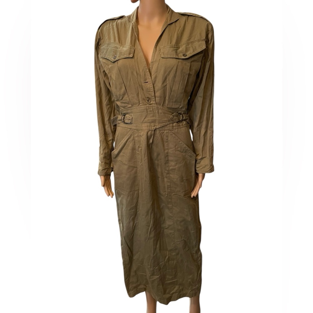 Foxy Lady Vintage 70s Green Military Utility Cargo Outdoor Khaki Maxi Dress